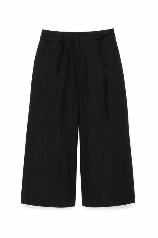 Dorothy Perkins Women Black UK 10 Cropped Wide-Leg Belted Trousers