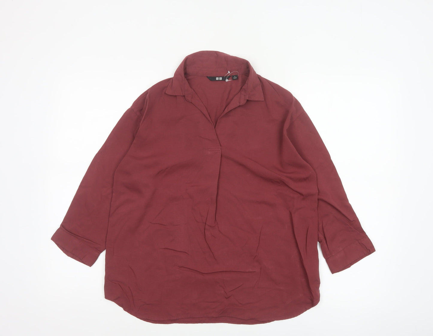 Uniqlo Women Red S Relaxed Collared Long Sleeve Viscose Blouse