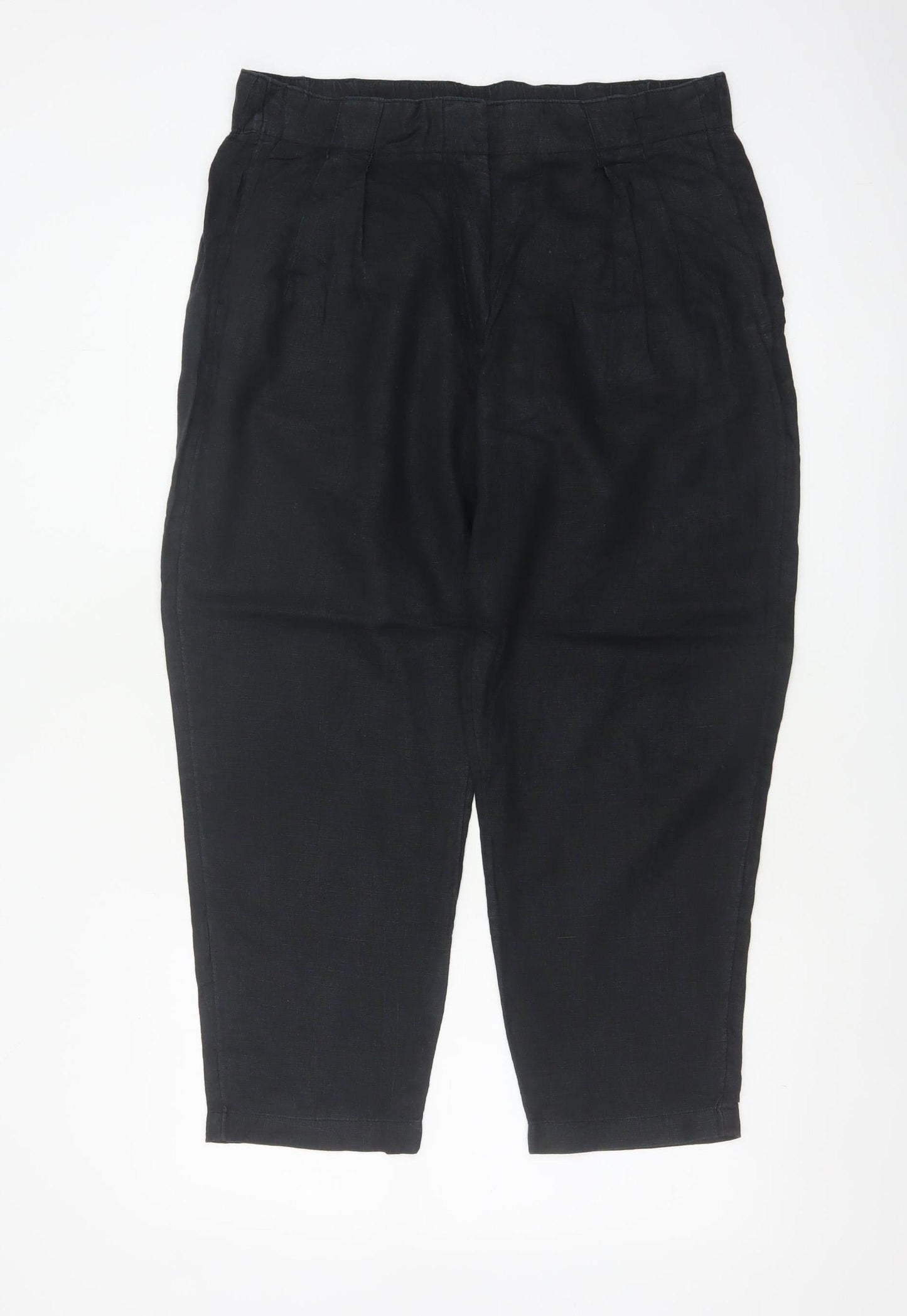 M&S Women Black Size 14 Short Linen High Rise Tapered Trousers
