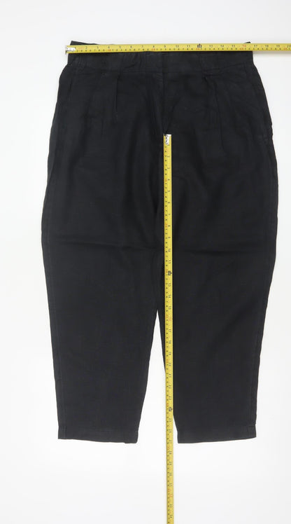 M&S Women Black Size 14 Short Linen High Rise Tapered Trousers