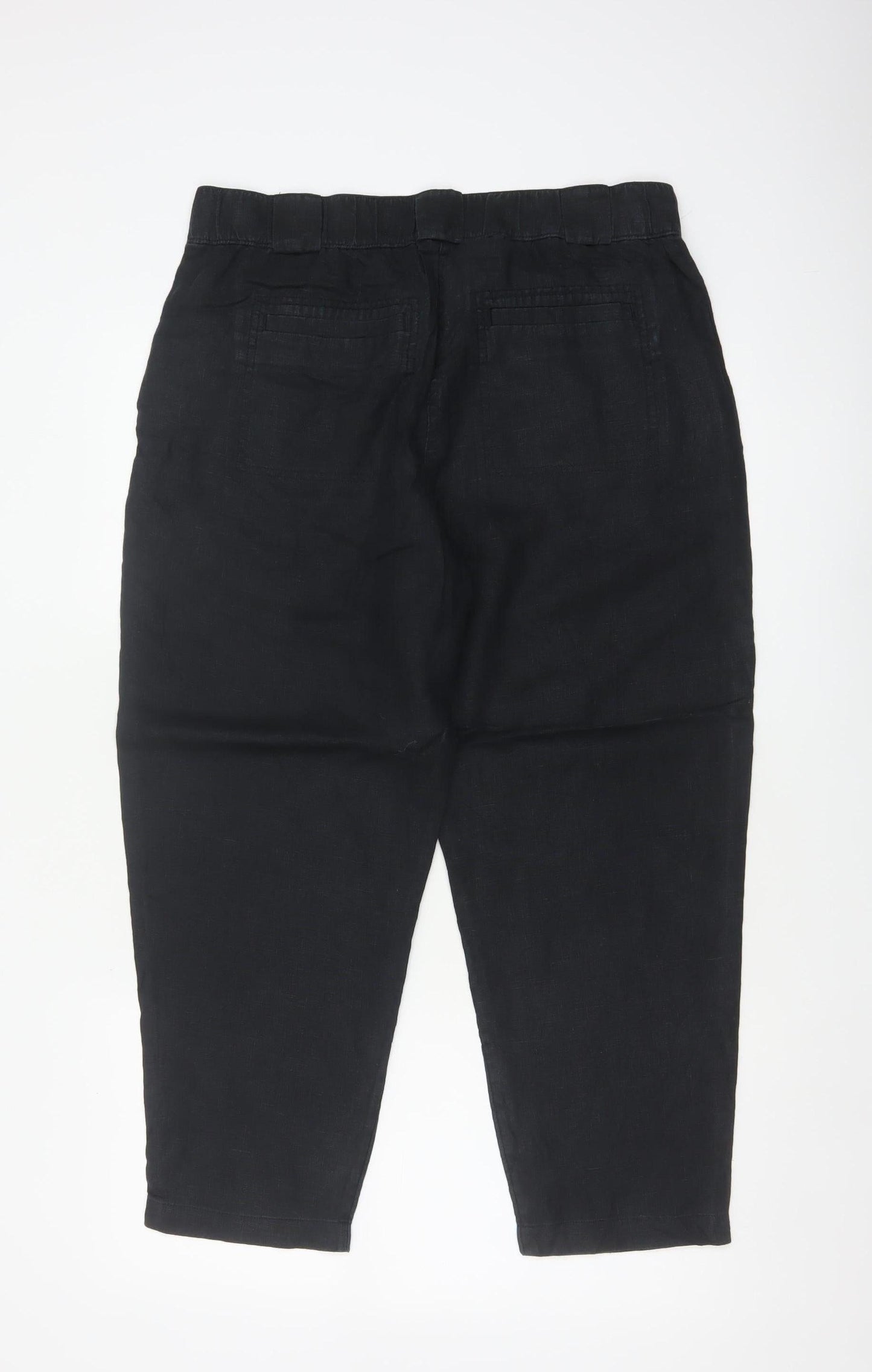 M&S Women Black Size 14 Short Linen High Rise Tapered Trousers