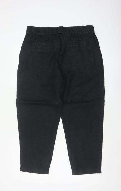 M&S Women Black Size 14 Short Linen High Rise Tapered Trousers