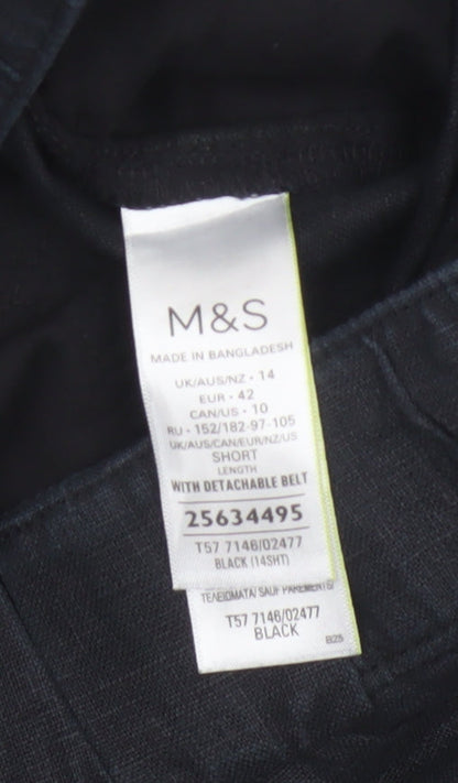 M&S Women Black Size 14 Short Linen High Rise Tapered Trousers