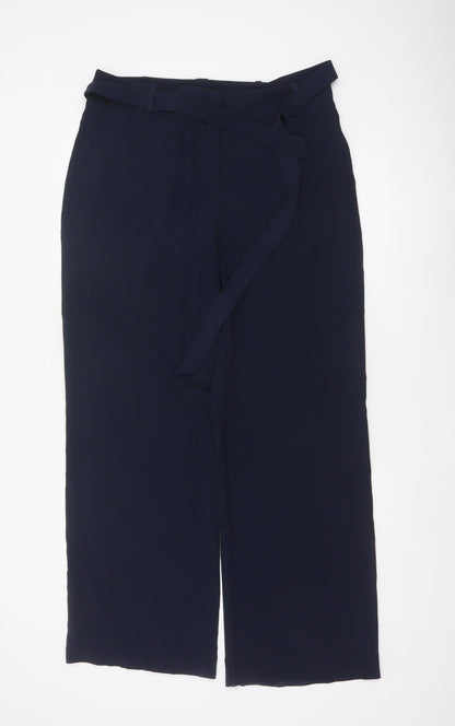 Next Women Blue UK 12 High Rise Wide-Leg Belted Tailored Trousers