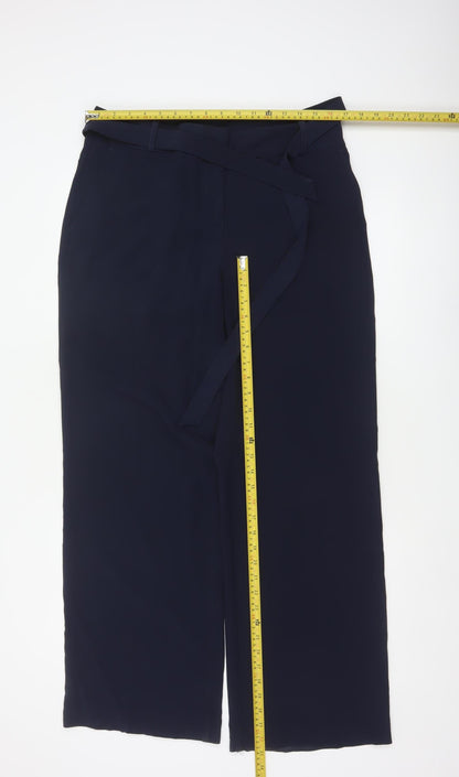 Next Women Blue UK 12 High Rise Wide-Leg Belted Tailored Trousers
