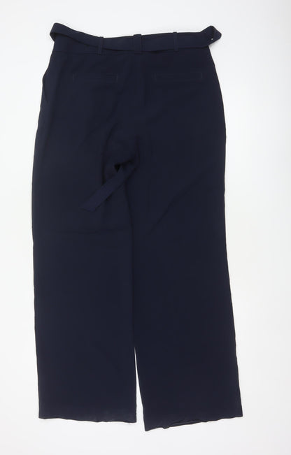 Next Women Blue UK 12 High Rise Wide-Leg Belted Tailored Trousers