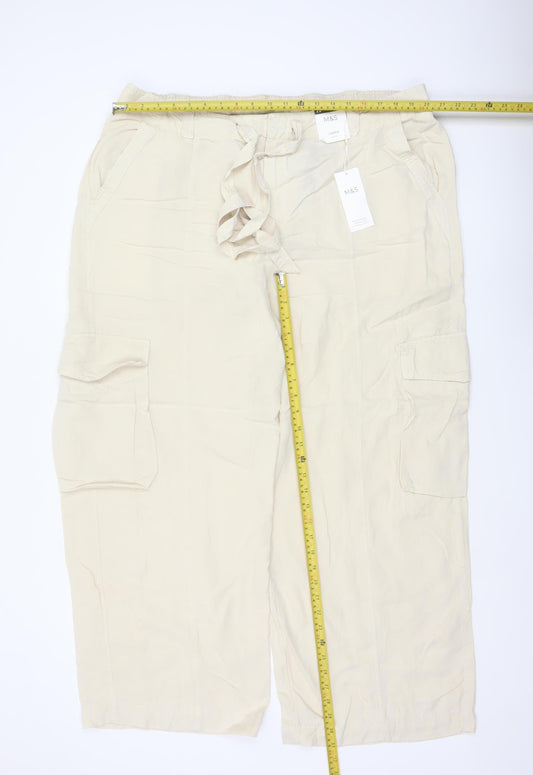 Marks and Spencer Women Ivory UK 22 Cargo Linen Blend Trousers
