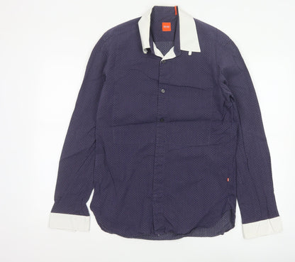 Hugo Boss Men’s Blue M Geometric Contrast Collar Long Sleeve Button-Up Shirt