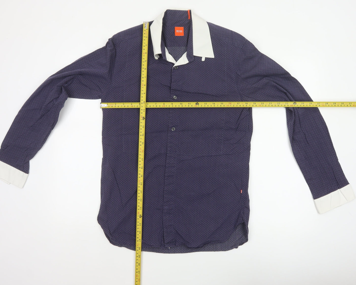 Hugo Boss Men’s Blue M Geometric Contrast Collar Long Sleeve Button-Up Shirt