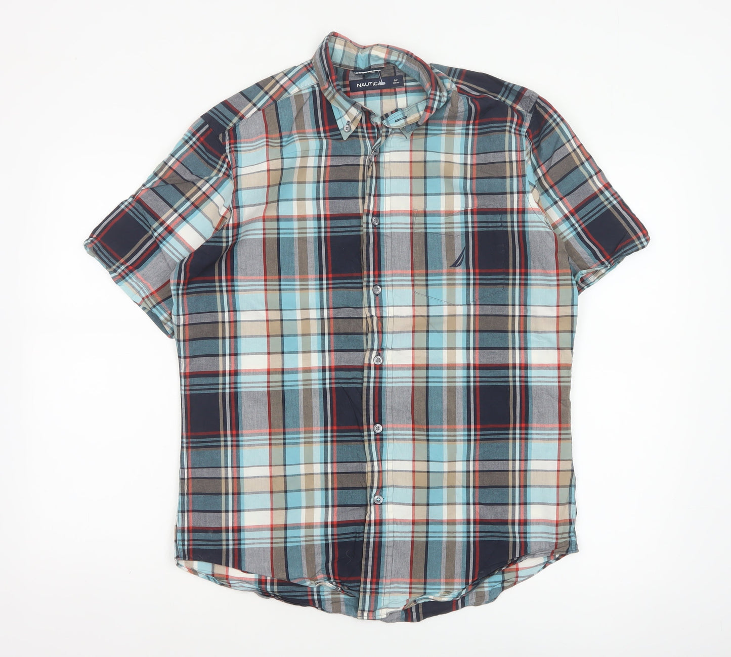 Nautica Men Multicolour Plaid Cotton Button-Down Short Sleeve Shirt S