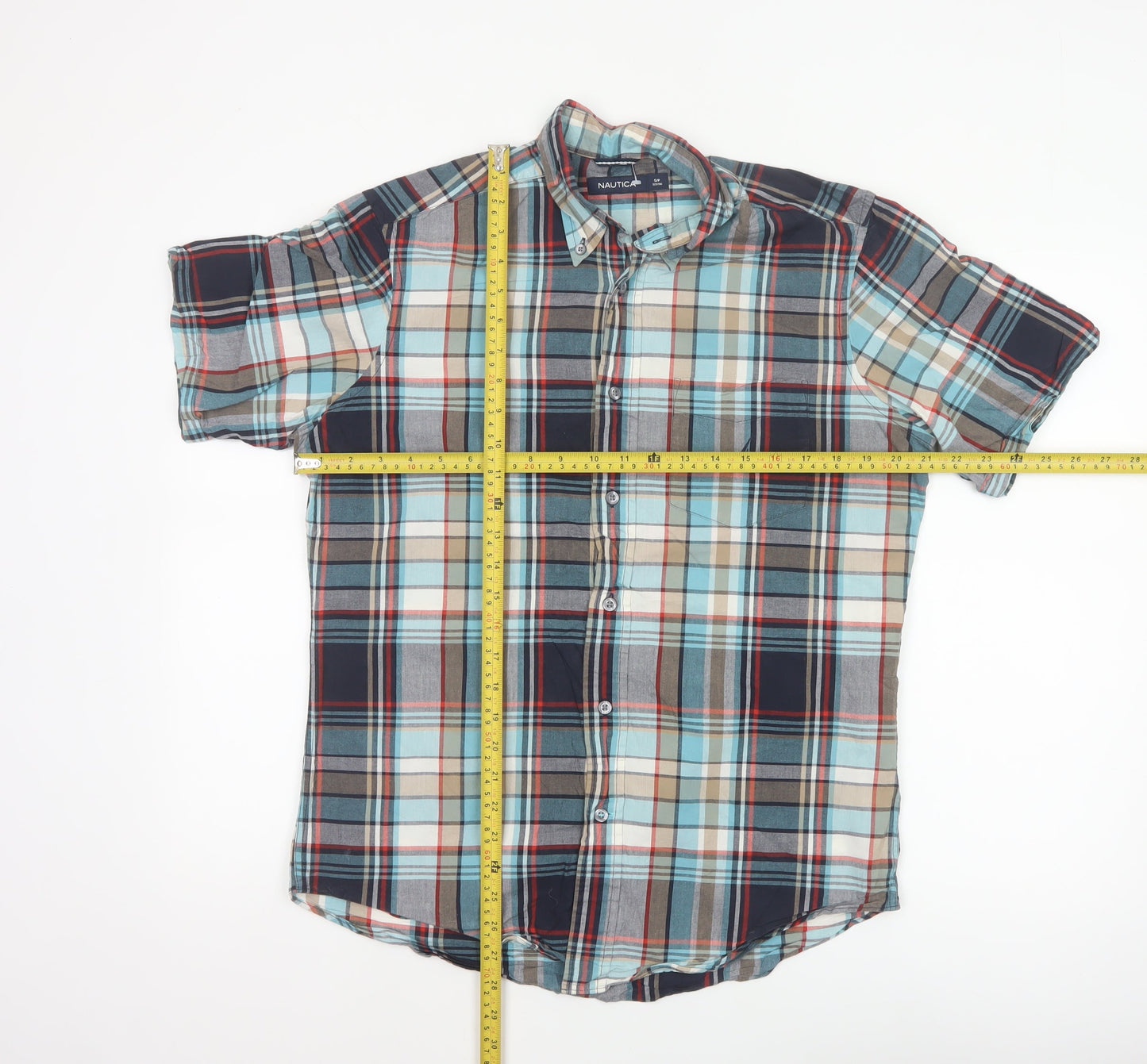 Nautica Men Multicolour Plaid Cotton Button-Down Short Sleeve Shirt S