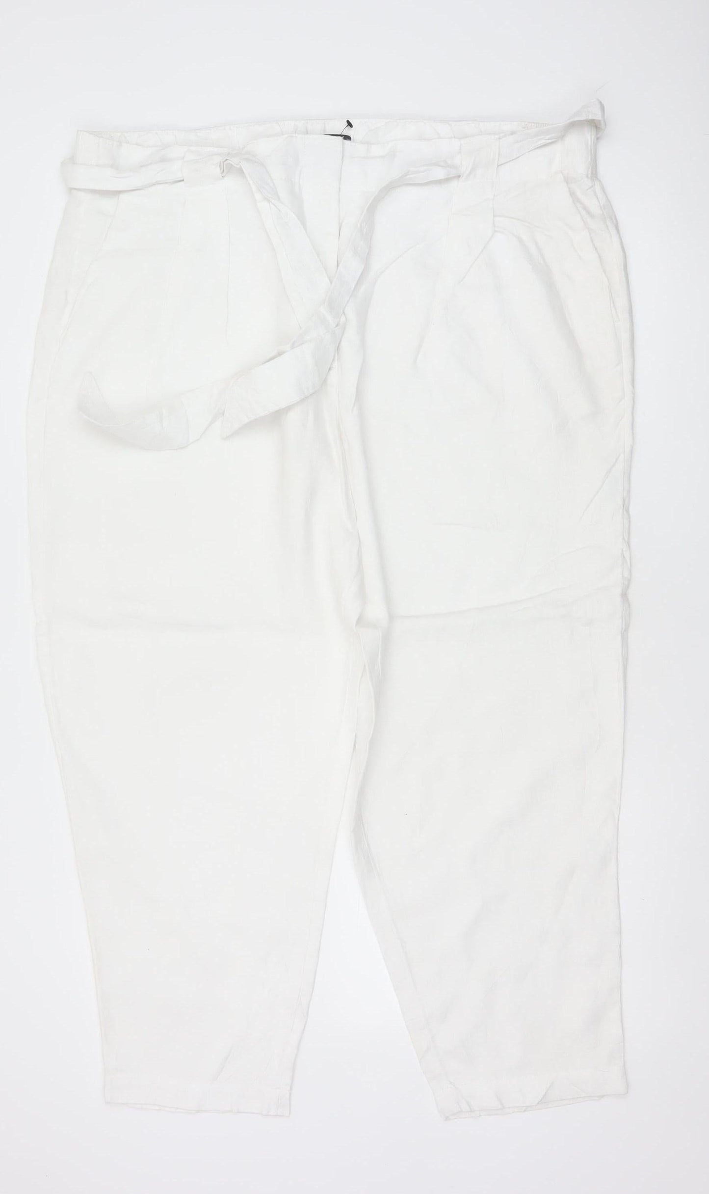 M&S Women White Linen Paperbag Belted Tapered Trousers Size 22