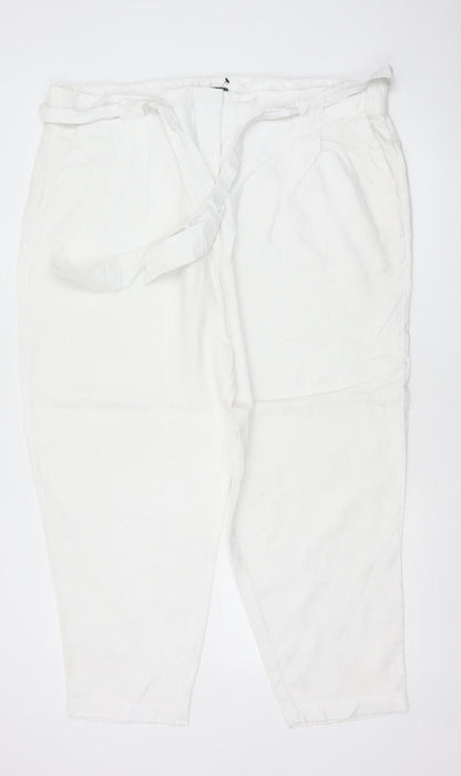 M&S Women White Linen Paperbag Belted Tapered Trousers Size 22