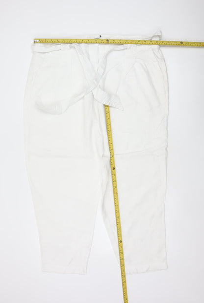 M&S Women White Linen Paperbag Belted Tapered Trousers Size 22