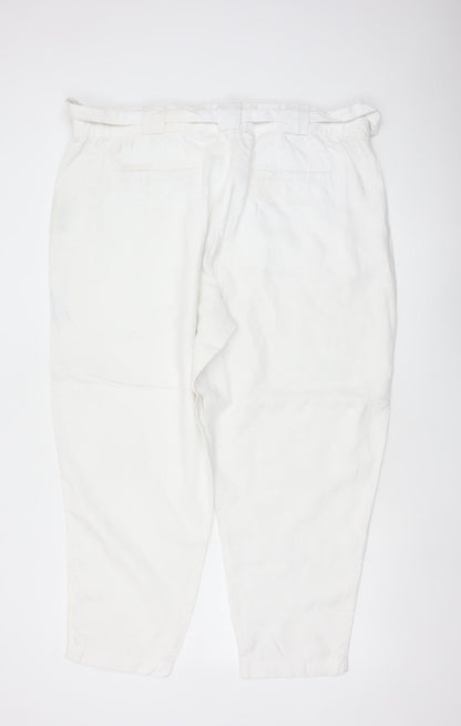 M&S Women White Linen Paperbag Belted Tapered Trousers Size 22