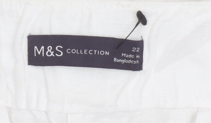 M&S Women White Linen Paperbag Belted Tapered Trousers Size 22