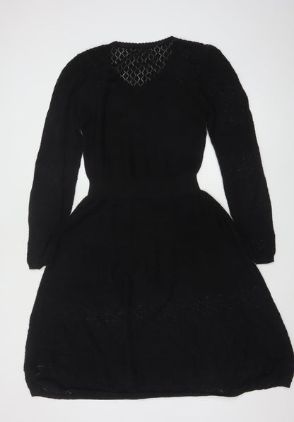 Fat Face Women Black UK 10 Fit & Flare Knit V-Neck Jumper Dress