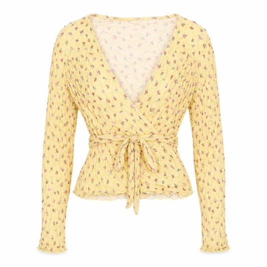 ASOS Design Women Yellow Floral Wrap Peplum Blouse UK 8 Long Sleeve