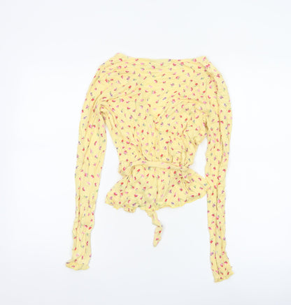 ASOS Design Women Yellow Floral Wrap Peplum Blouse UK 8 Long Sleeve