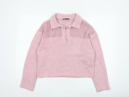 Zara Women Pink S Open Knit Collared Long Sleeve Pullover Jumper