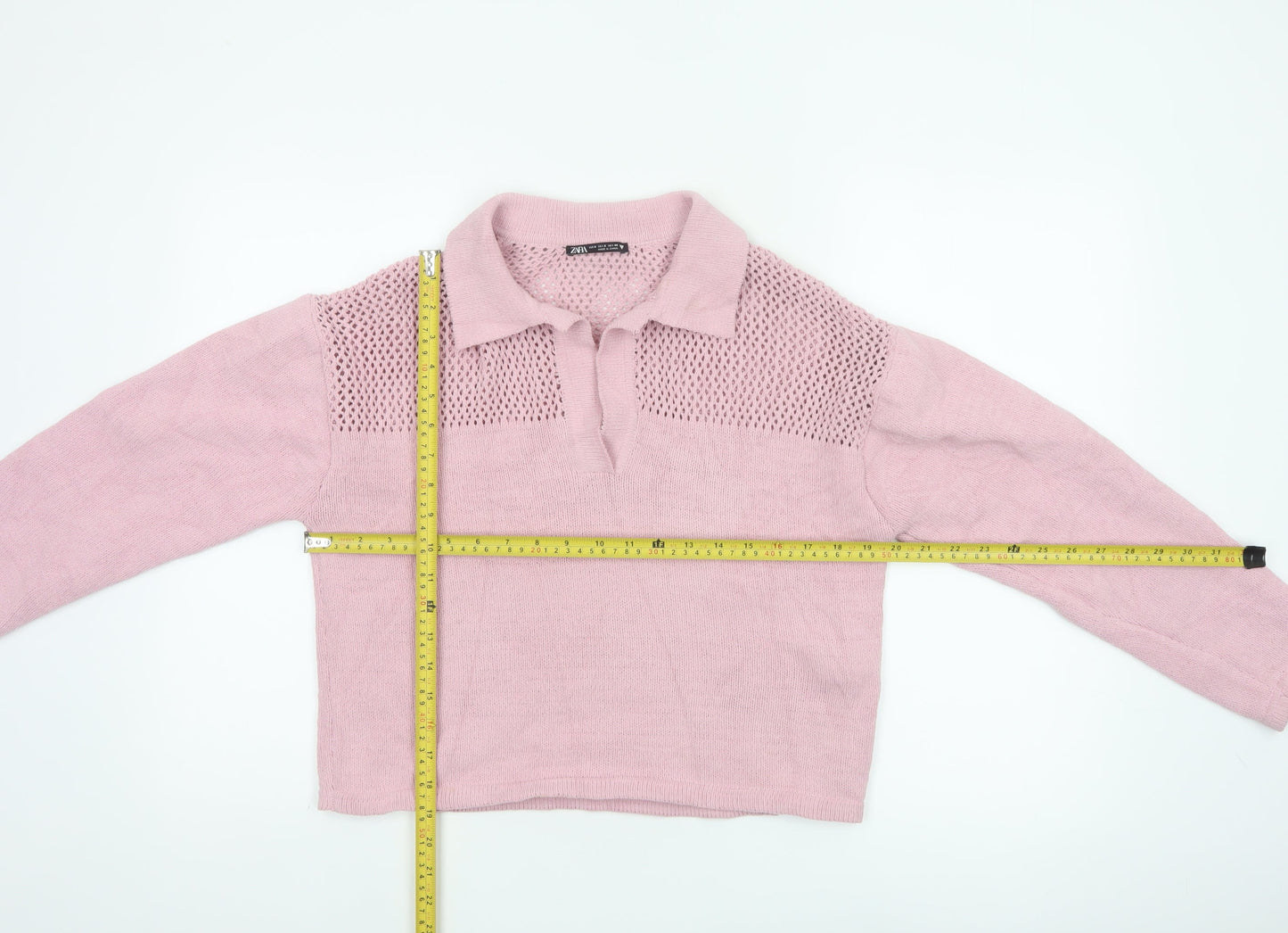 Zara Women Pink S Open Knit Collared Long Sleeve Pullover Jumper