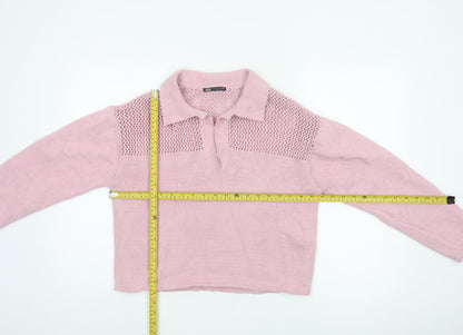 Zara Women Pink S Open Knit Collared Long Sleeve Pullover Jumper