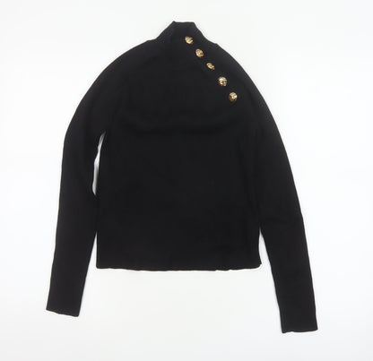 Zara Women Black Size S High Neck Ribbed Knit Gold Button Jumper