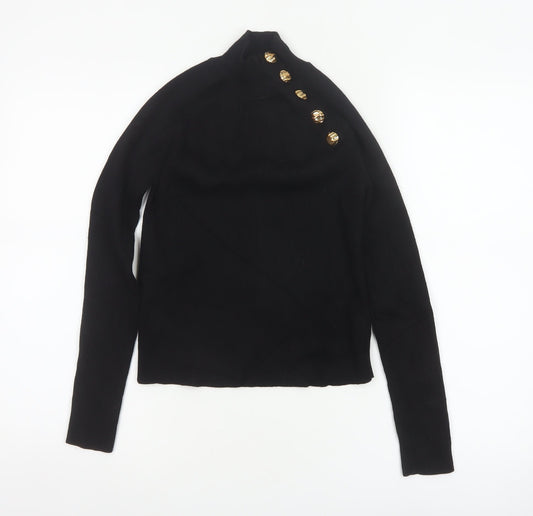 Zara Women Black Size S High Neck Ribbed Knit Gold Button Jumper