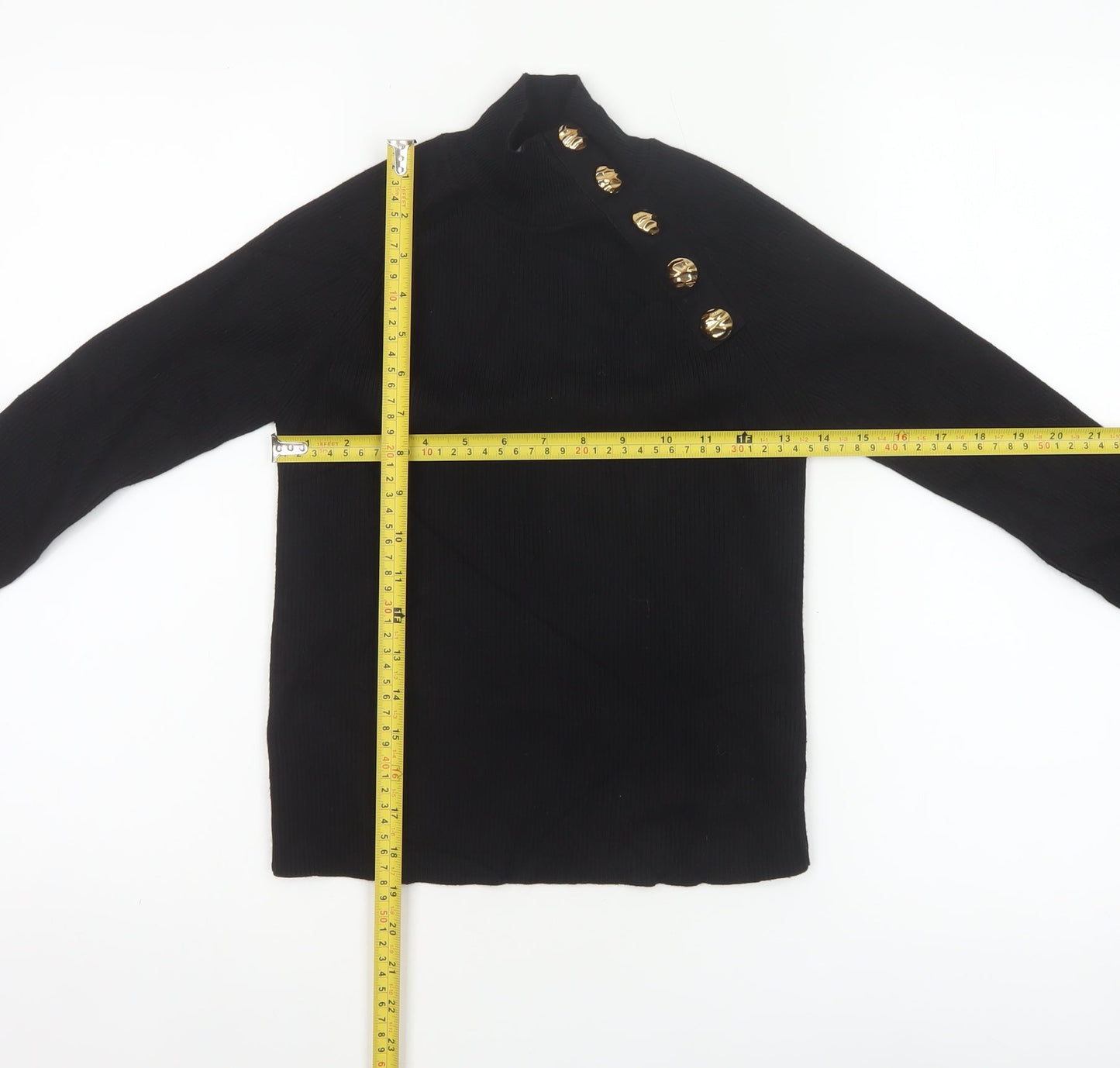 Zara Women Black Size S High Neck Ribbed Knit Gold Button Jumper