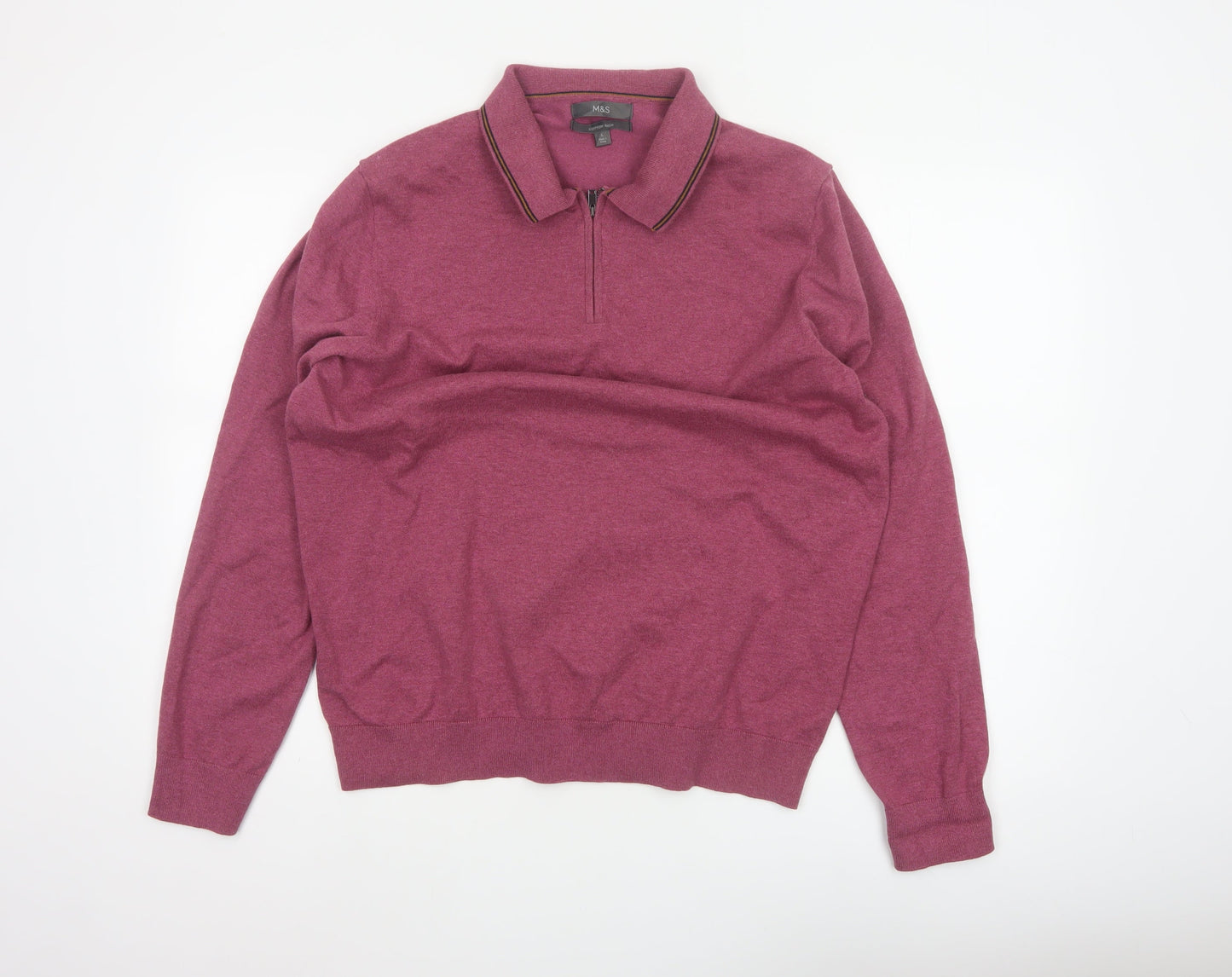 Marks and Spencer Men’s Pink L Cotton Rich 1/4 Zip Collared Jumper