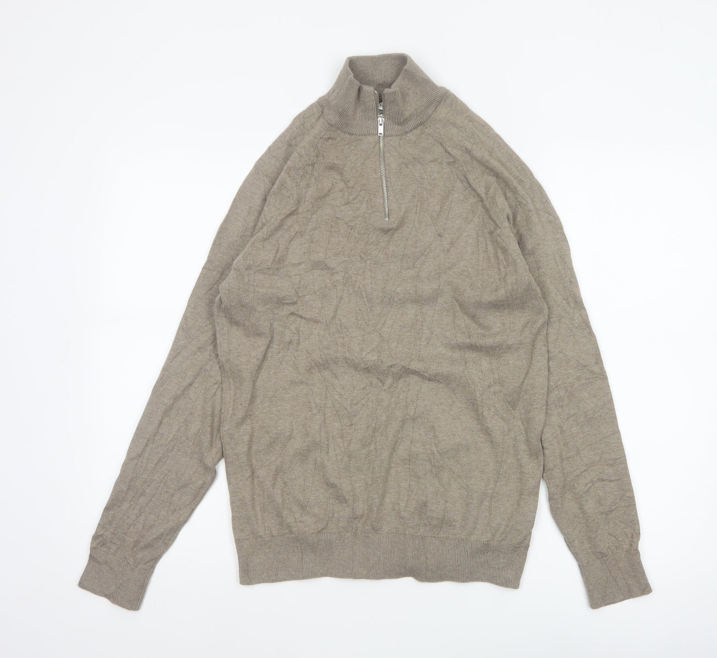 Marks and Spencer Men's Beige S Cable Knit 1/2 Zip High Neck Jumper
