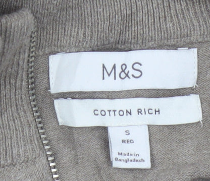 Marks and Spencer Men's Beige S Cable Knit 1/2 Zip High Neck Jumper