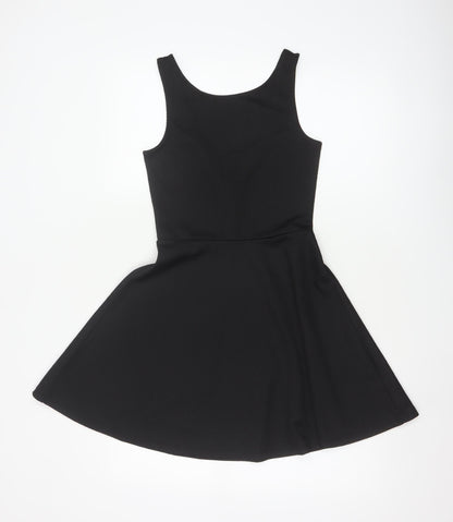 H&M Women Black UK 8 Skater Dress Scoop Neck Stretch Knee Length