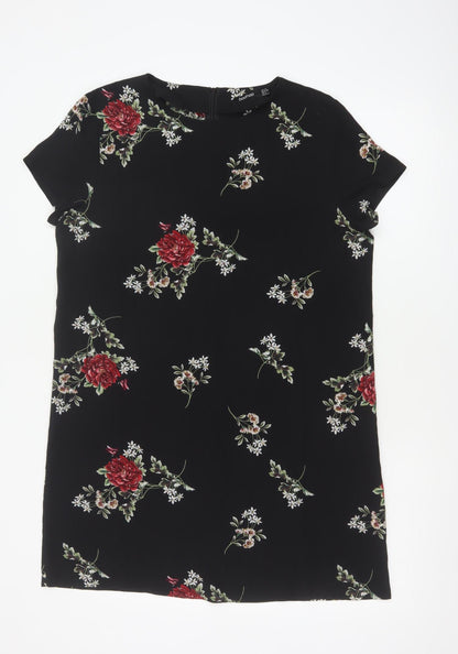 Boohoo Women Black Floral Shift Dress UK 12 Short Sleeve Knee Length
