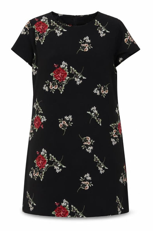 Boohoo Women Black Floral Shift Dress UK 12 Short Sleeve Knee Length