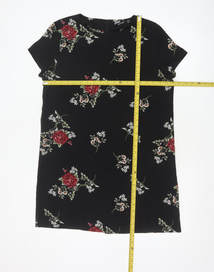 Boohoo Women Black Floral Shift Dress UK 12 Short Sleeve Knee Length