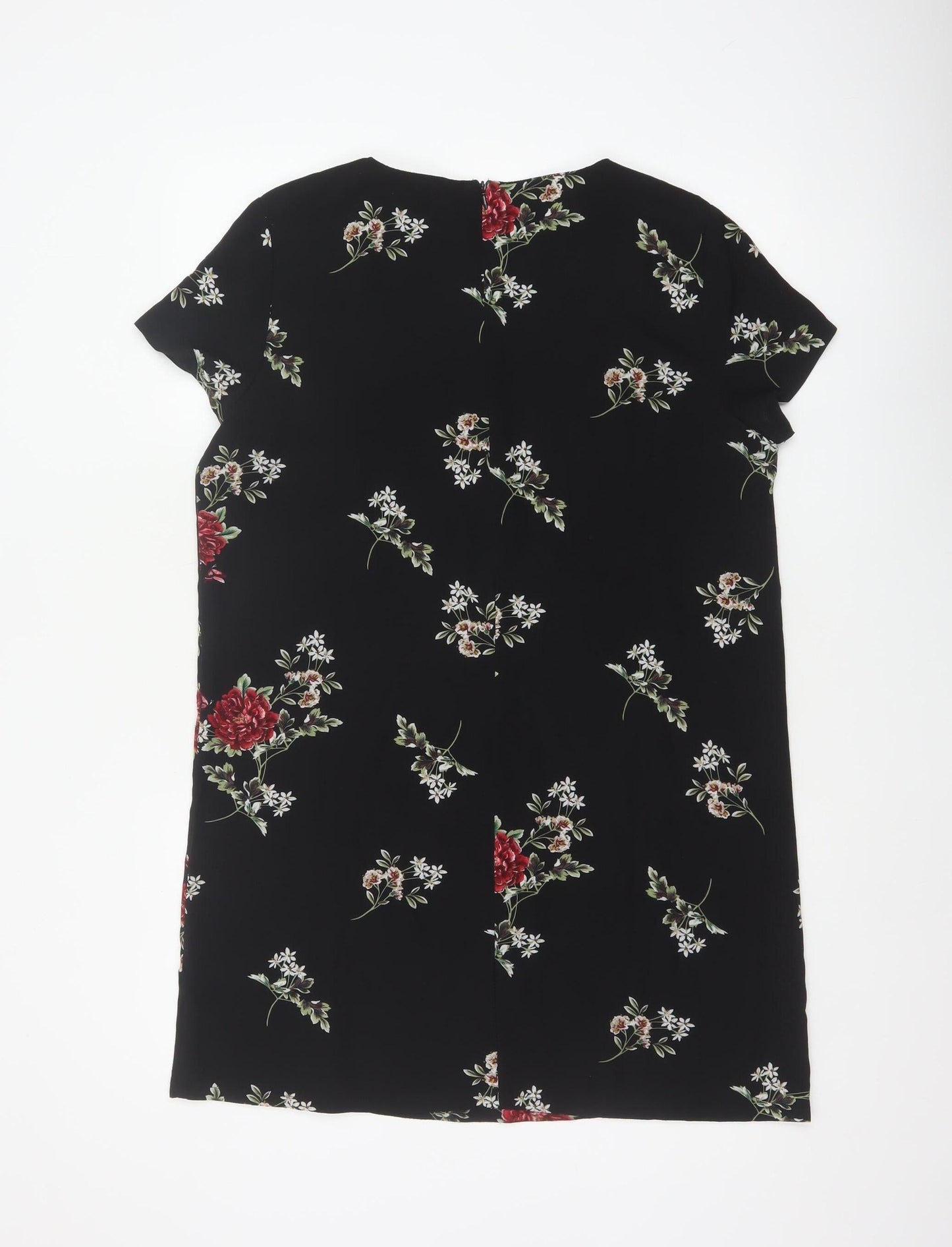 Boohoo Women Black Floral Shift Dress UK 12 Short Sleeve Knee Length