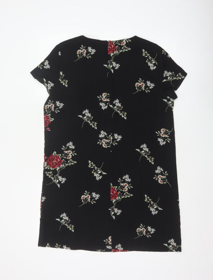 Boohoo Women Black Floral Shift Dress UK 12 Short Sleeve Knee Length