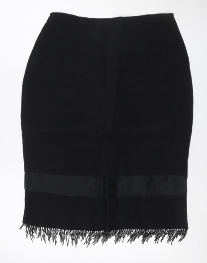 Kaiko Women's Black UK 14 Silk Fringe Beaded Pencil Knee Skirt