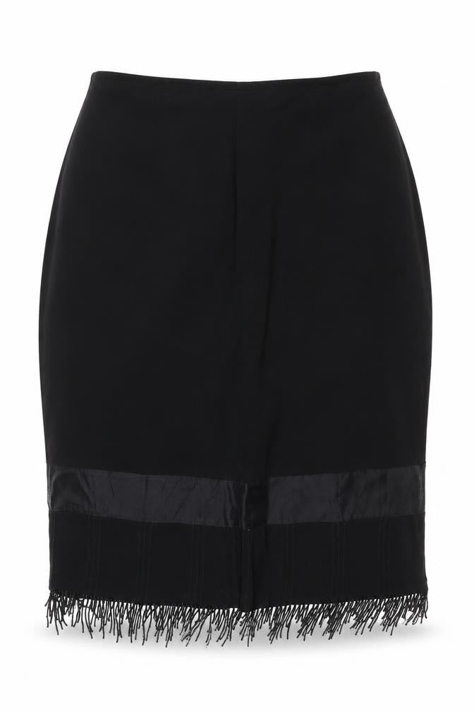 Kaiko Women's Black UK 14 Silk Fringe Beaded Pencil Knee Skirt