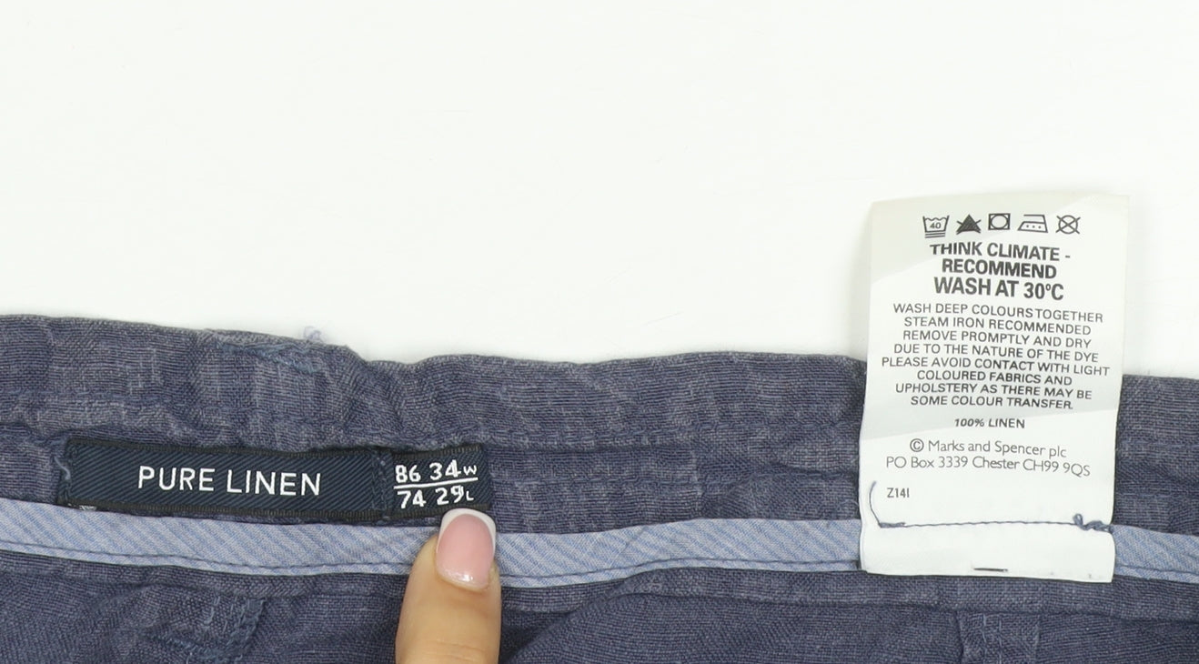 Marks & Spencer Women’s Blue Linen Straight Trousers UK 16 34W 29L