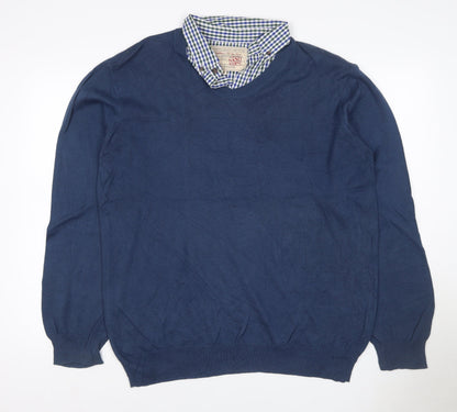 Sandstone Men's Blue M V-Neck Cotton Jumper Attached Check Collar