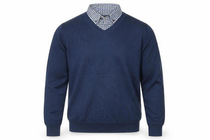 Sandstone Men's Blue M V-Neck Cotton Jumper Attached Check Collar