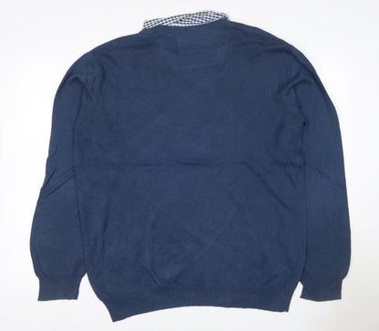 Sandstone Men's Blue M V-Neck Cotton Jumper Attached Check Collar