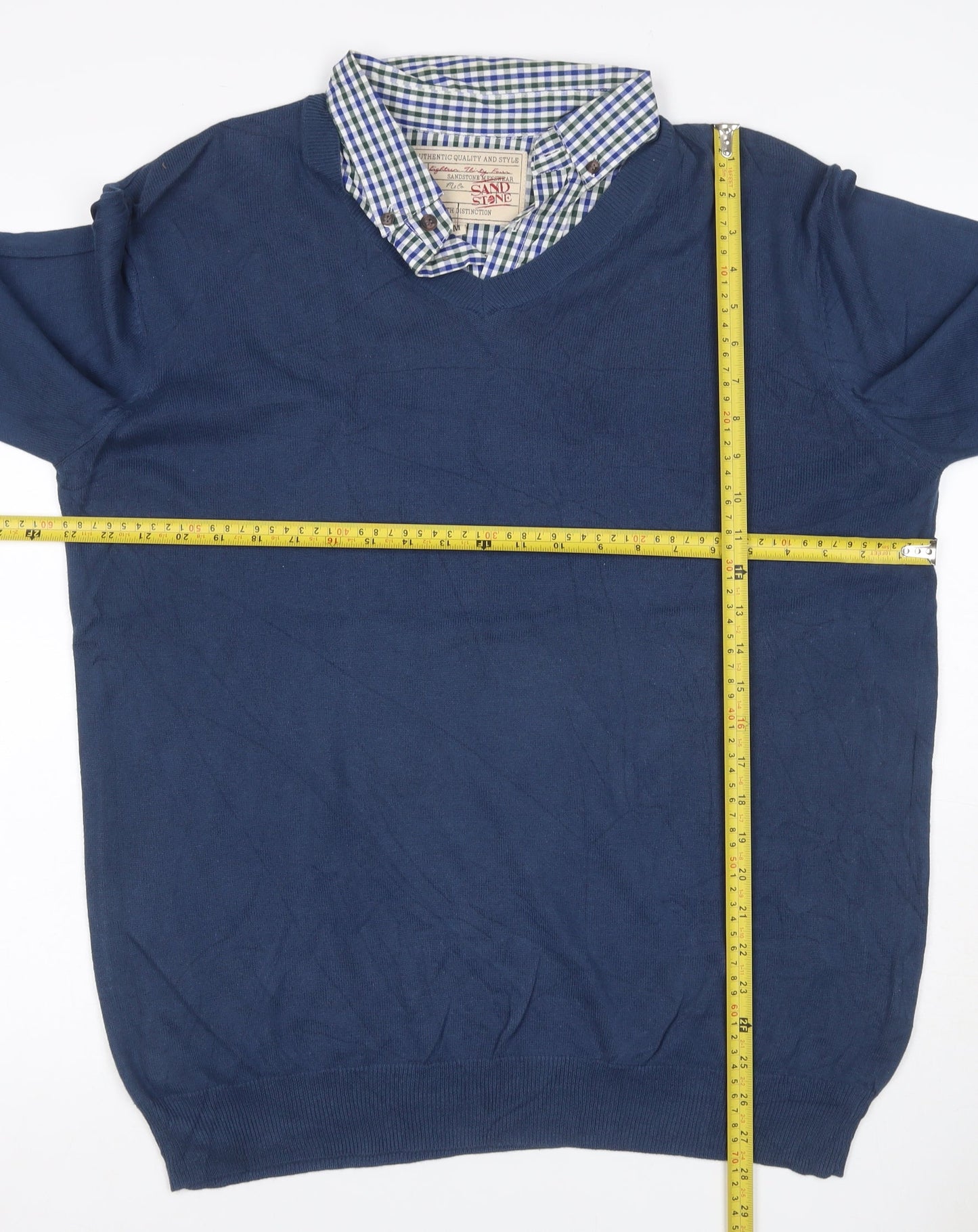 Sandstone Men's Blue M V-Neck Cotton Jumper Attached Check Collar