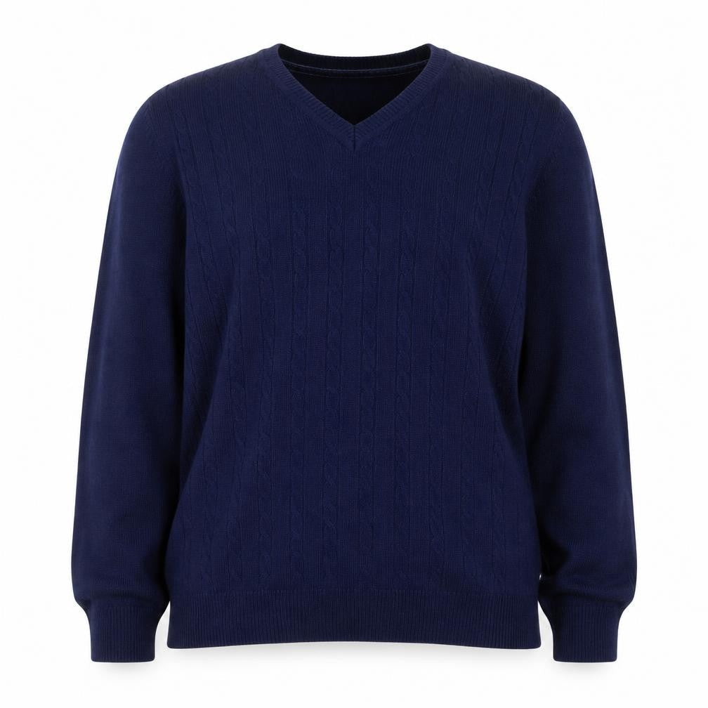 Tulchan Women Navy M Cable-Knit V-Neck Cotton Pullover Jumper