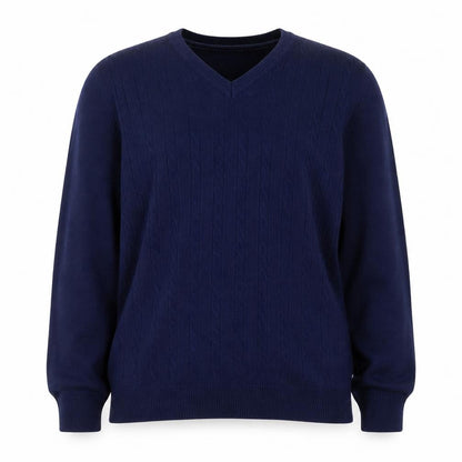 Tulchan Women Navy M Cable-Knit V-Neck Cotton Pullover Jumper