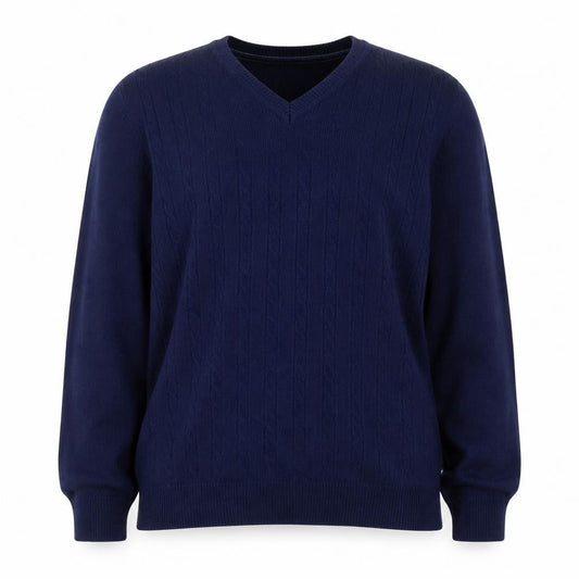 Tulchan Women Navy M Cable-Knit V-Neck Cotton Pullover Jumper