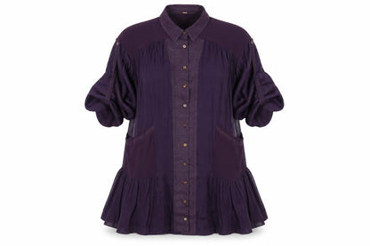 Front view of Free People Women Purple XS Bohemian Pleated Shirt Dress