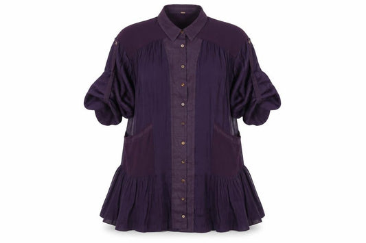 Front view of Free People Women Purple XS Bohemian Pleated Shirt Dress